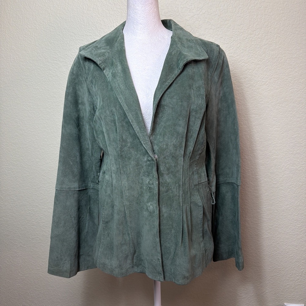 Karen Kane Leather Jacket Womens M Sage Green Suede Tie Waist Belted Wrap Coat